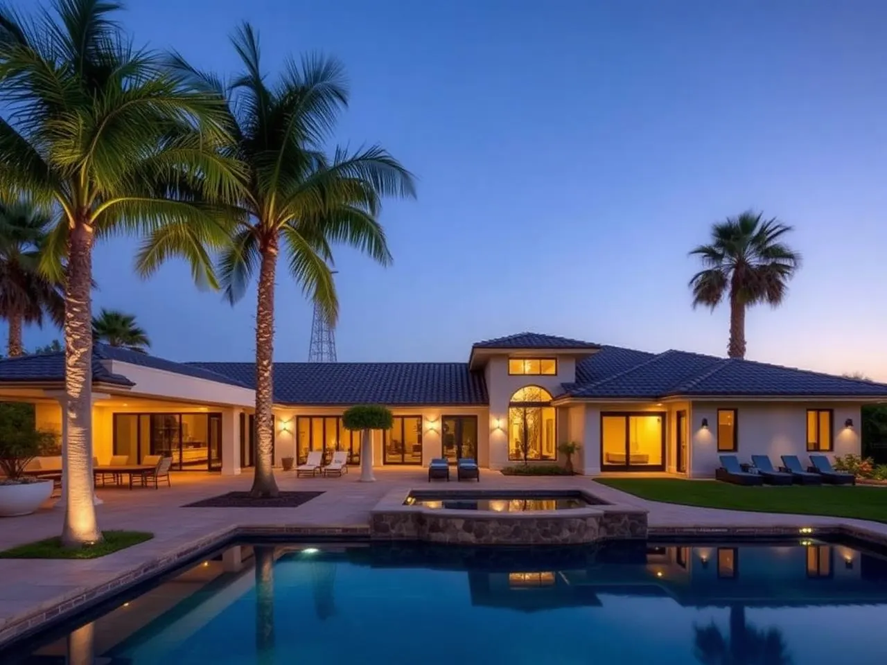Coastal home with pool at dusk